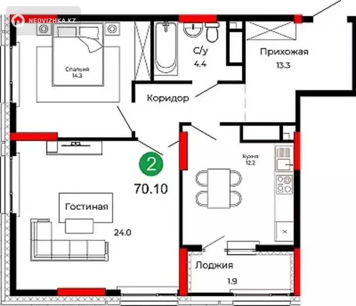 2-комнатная квартира, этаж 20 из 22, 70 м², фотография 4