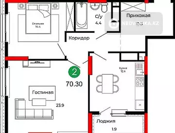 2-комнатная квартира, этаж 19 из 22, 70 м², миниатюра 3