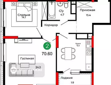 2-комнатная квартира, этаж 18 из 22, 71 м², миниатюра 4
