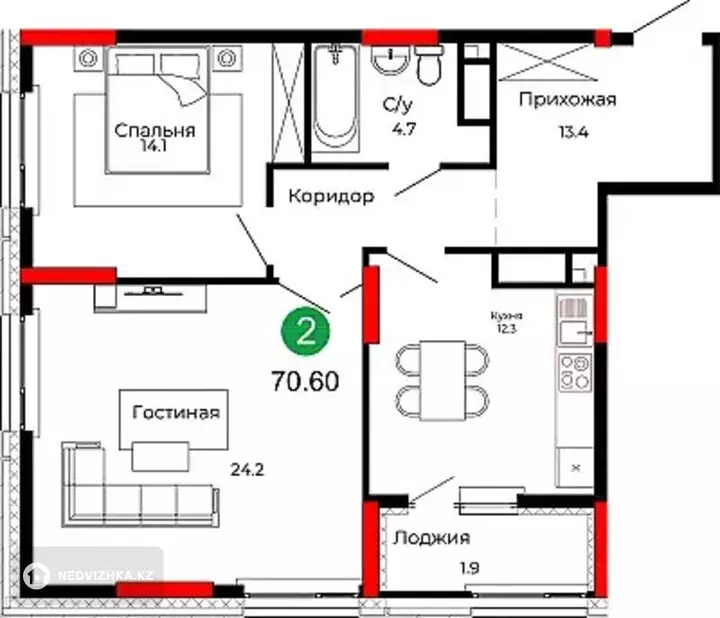 2-комнатная квартира, этаж 18 из 22, 71 м², фотография 4