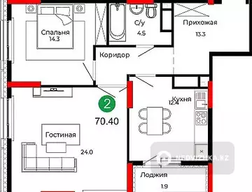 2-комнатная квартира, этаж 17 из 22, 70 м², миниатюра 5