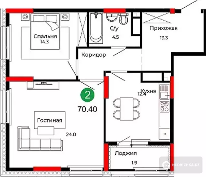2-комнатная квартира, этаж 17 из 22, 70 м², фотография 5