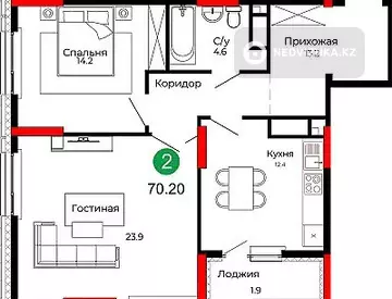 2-комнатная квартира, этаж 15 из 22, 70 м², миниатюра 4