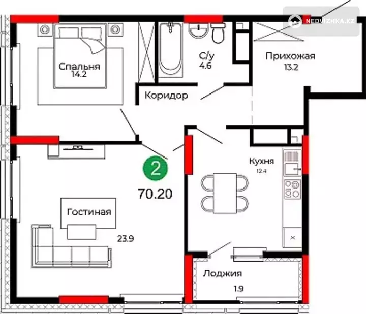 2-комнатная квартира, этаж 15 из 22, 70 м², фотография 4
