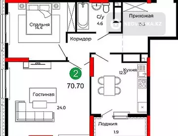 2-бөлмелі пәтер, қабат 14 барлық қабат саны 22, 71 м², 5-нобай
