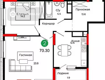 2-комнатная квартира, этаж 13 из 22, 70 м², миниатюра 6