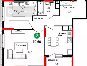 2-комнатная квартира, этаж 7 из 22, 71 м², миниатюра 5