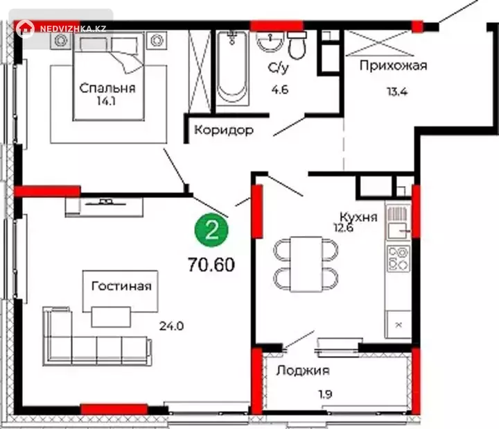 2-комнатная квартира, этаж 7 из 22, 71 м², фотография 5