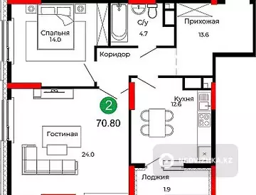 2-комнатная квартира, этаж 6 из 22, 71 м², миниатюра 4