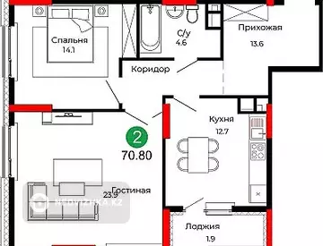 2-комнатная квартира, этаж 4 из 22, 71 м², миниатюра 5
