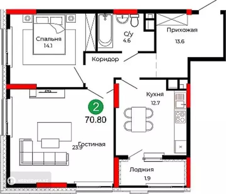 2-комнатная квартира, этаж 4 из 22, 71 м², фотография 5