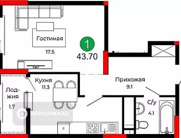 1-бөлмелі пәтер, қабат 22 барлық қабат саны 22, 44 м², 4-нобай