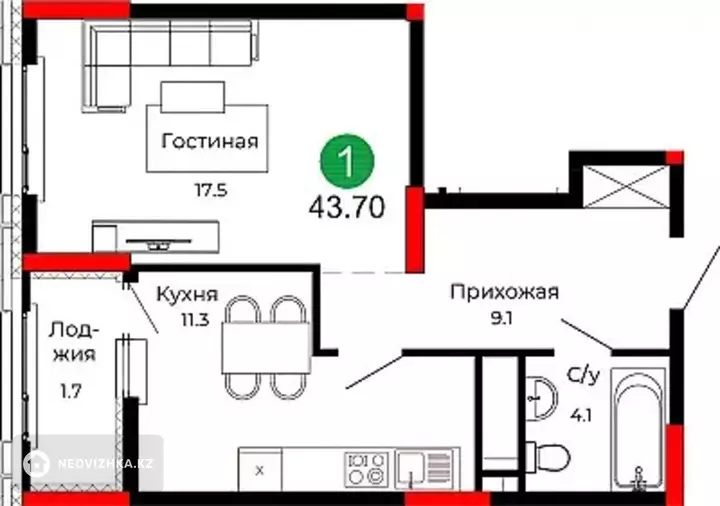 1-комнатная квартира, этаж 22 из 22, 44 м², фотография 4