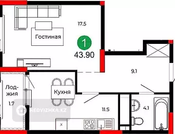 1-комнатная квартира, этаж 16 из 22, 44 м², миниатюра 4