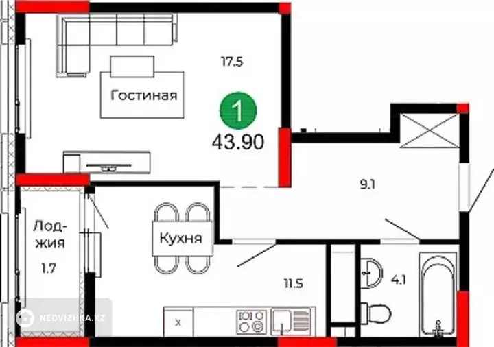 1-комнатная квартира, этаж 16 из 22, 44 м², фотография 4
