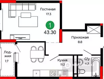 1-бөлмелі пәтер, қабат 3 барлық қабат саны 22, 43 м², 6-нобай