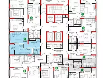 1-бөлмелі пәтер, қабат 3 барлық қабат саны 22, 43 м², 7-нобай