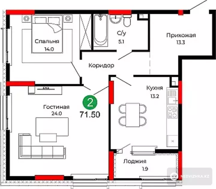 2-комнатная квартира, этаж 2 из 22, 72 м², фотография 4