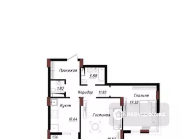 2-бөлмелі пәтер, қабат 7 барлық қабат саны 18, 66 м², 1-нобай