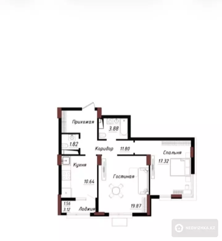 2-комнатная квартира, этаж 7 из 18, 66 м²