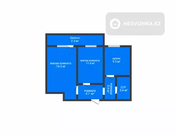 2-комнатная квартира, этаж 1 из 9, 53 м²