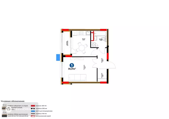 1-комнатная квартира, этаж 5 из 9, 36 м², фотография 5