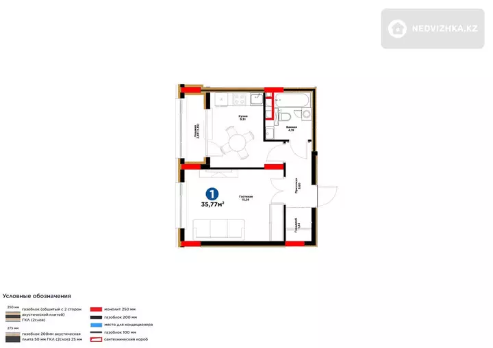 1-комнатная квартира, этаж 4 из 9, 36 м², фотография 5