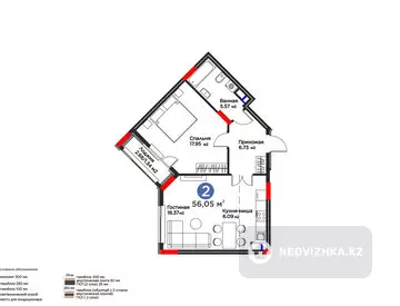 2-комнатная квартира, этаж 8 из 9, 56 м², миниатюра 5
