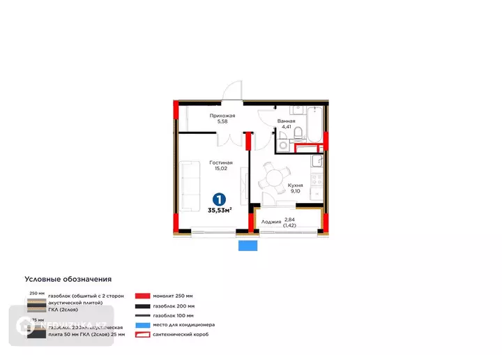 1-комнатная квартира, этаж 8 из 9, 36 м², фотография 5