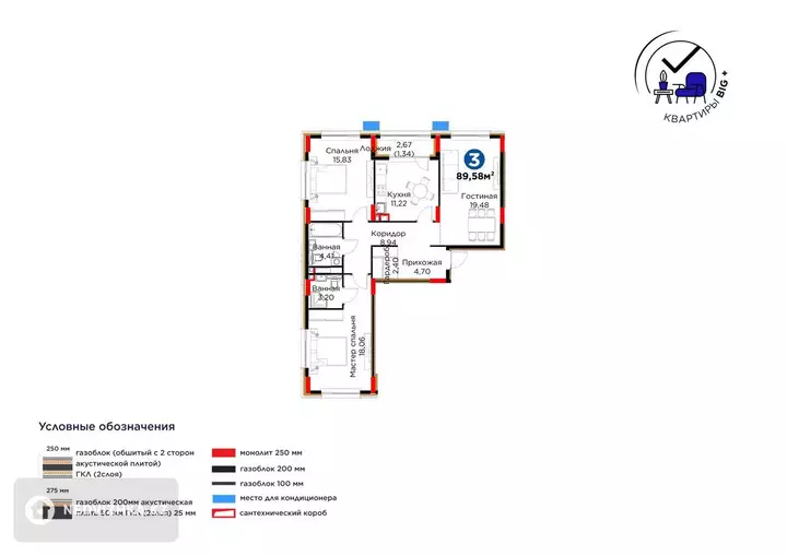 3-комнатная квартира, этаж 4 из 9, 90 м², фотография 5