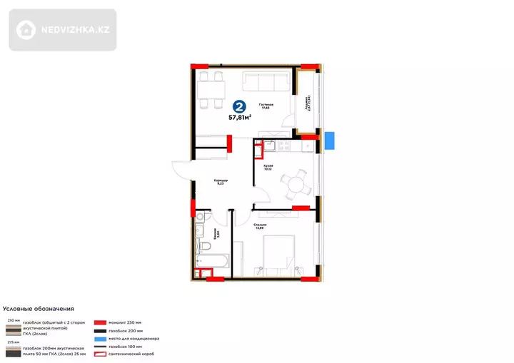 2-комнатная квартира, этаж 8 из 9, 58 м²