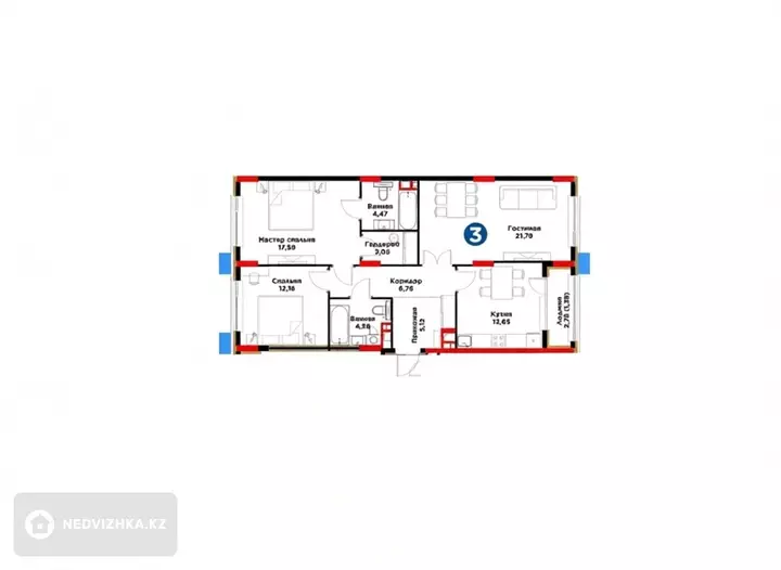3-комнатная квартира, этаж 5 из 8, 90 м²