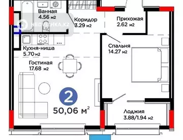 2-комнатная квартира, этаж 8 из 16, 50 м², миниатюра 2