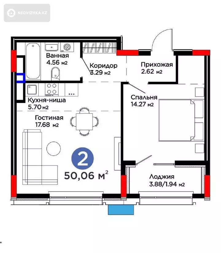 2-комнатная квартира, этаж 8 из 16, 50 м², фотография 2