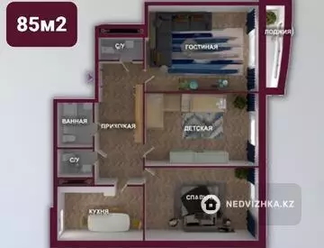 3-бөлмелі пәтер, қабат 6 барлық қабат саны 15, 85 м², 11-нобай