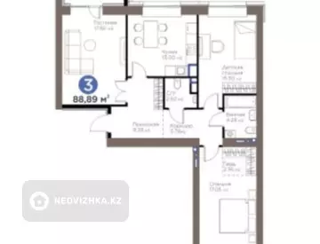 3-комнатная квартира, этаж 9 из 9, 89 м², миниатюра 2