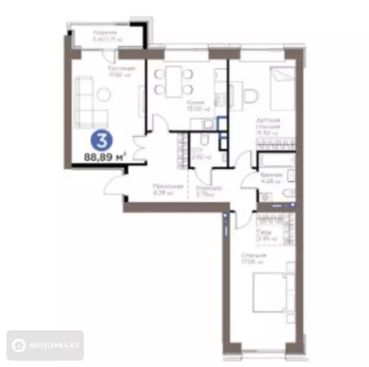 3-комнатная квартира, этаж 9 из 9, 89 м², фотография 2