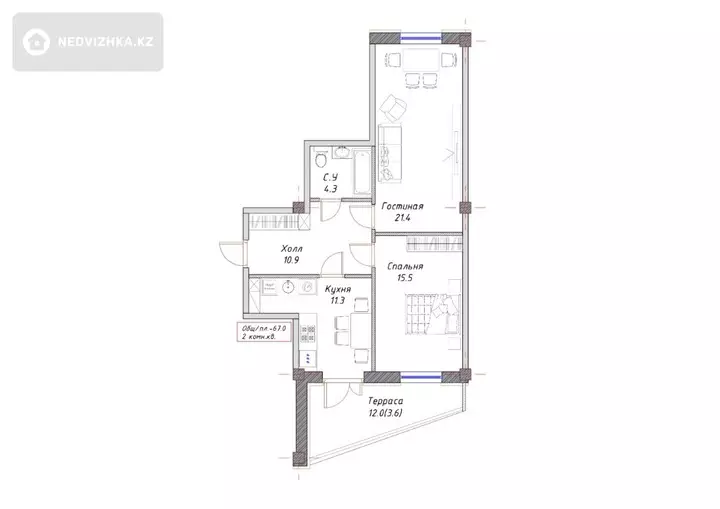 2-комнатная квартира, этаж 3 из 3, 68 м², фотография 3