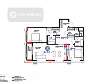 3-комнатная квартира, этаж 4 из 17, 95 м², миниатюра 2