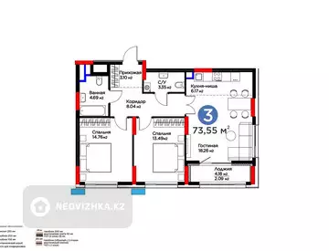 3-бөлмелі пәтер, қабат 2 барлық қабат саны 17, 74 м², 3-нобай