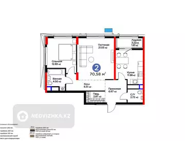 2-комнатная квартира, этаж 17 из 17, 71 м², миниатюра 4
