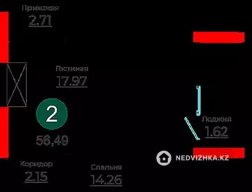 2-бөлмелі пәтер, қабат 13 барлық қабат саны 18, 56 м², 7-нобай