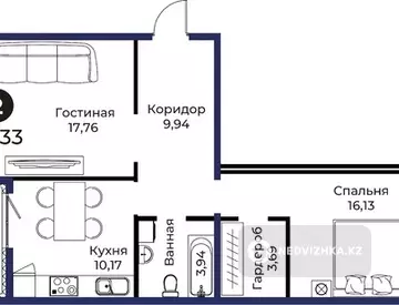 2-комнатная квартира, этаж 2 из 9, 63 м², миниатюра 1