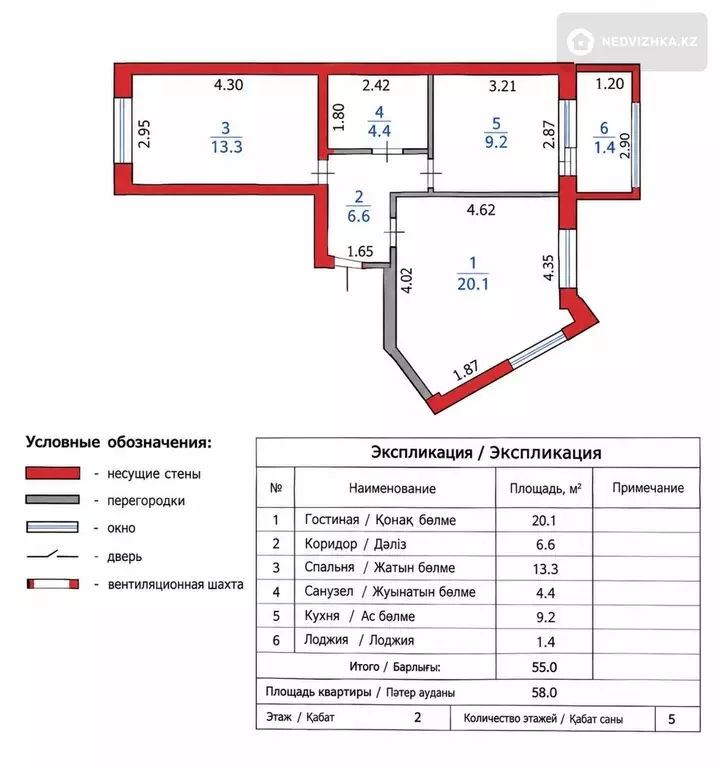 2-комнатная квартира, этаж 2 из 5, 58 м², фотография 3