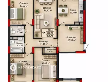 4-бөлмелі пәтер, қабат 7 барлық қабат саны 17, 123 м², 1-нобай