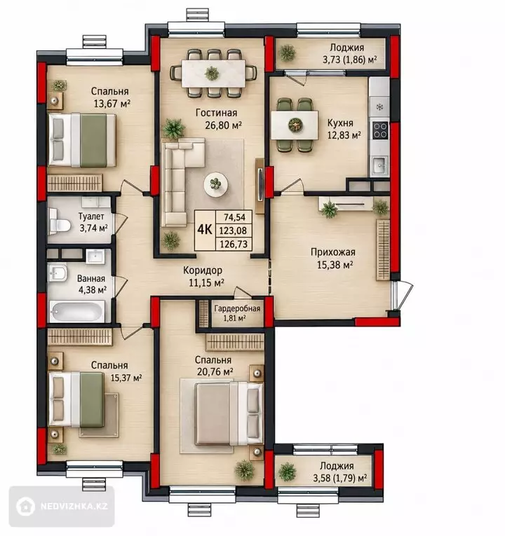 4-комнатная квартира, этаж 7 из 17, 123 м²
