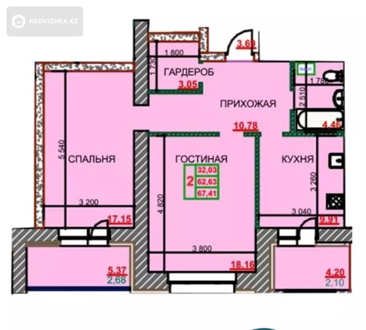2-бөлмелі пәтер, қабат 6 барлық қабат саны 9, 67 м², 2-фотосурет