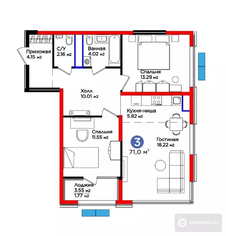 3-комнатная квартира, этаж 15 из 16, 72 м², фотография 4