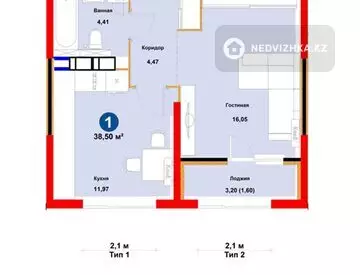 1-бөлмелі пәтер, қабат 16 барлық қабат саны 17, 38 м², 1-нобай