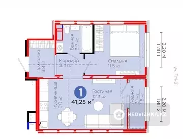 2-бөлмелі пәтер, қабат 11 барлық қабат саны 12, 41 м², 2-нобай